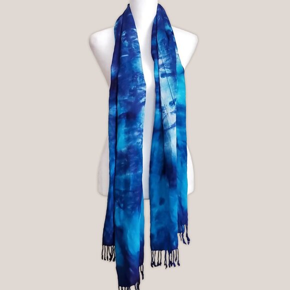 Blue Ice Tie Dye Scarf | Fringe Tie-Dye Hand-Dyed Tassel Rayon Wrap - Picture 2 of 2